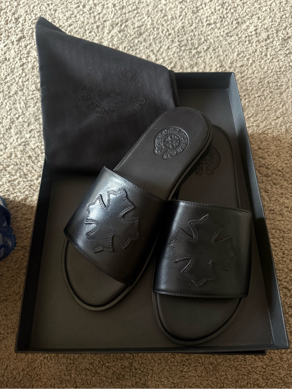 Chrome Hearts Black Leather Slide Sandals with Cross Patch
